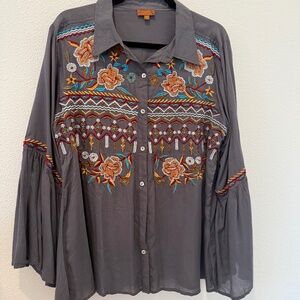 Scully Floral Embroidery Boho Western Button Front Top Flared Bell Sleeves Sz 2X